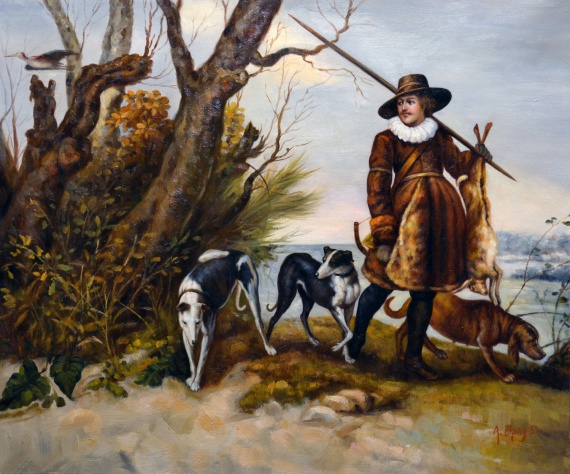 Зимний пейзаж с охотником и собаками